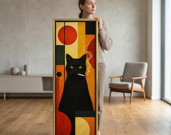 Smoking Black Cat Retro Print, Long Vertical Mid-Century Funny Animal Poster, Oil Painting Vintage Wall Canvas