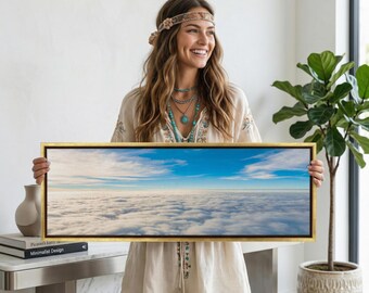 Panoramic Cloudscape Canvas Wall Art, Ethereal Blue Sky Print, Peaceful Bedroom Decor, Serene Above Clouds Photography, Minimalist Skyline
