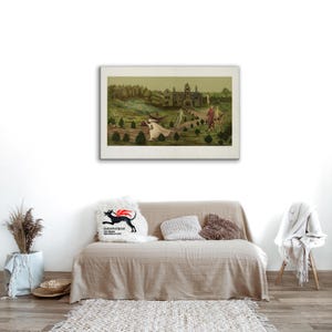 May include: A rectangular wall art print featuring a landscape illustration with a large stone building, rolling green hills, and several figures in flowing white and red garments walking along a path, framed in a simple light-colored border.