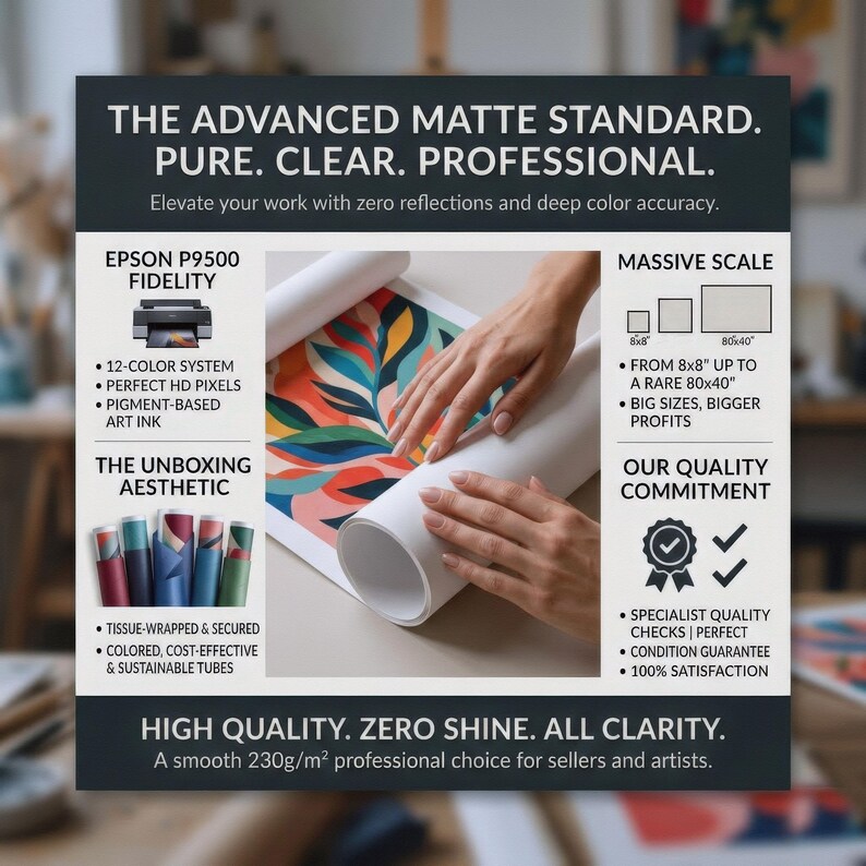 May include: A promotional graphic for matte art prints featuring text about professional printing standards, Epson P9500 fidelity, and size options from 8x8 to 80x40 inches. The center shows a rolled canvas print with colorful abstract leaf patterns.