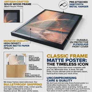 May include: A framed poster featuring a space-themed print with a black acrylic solid wood frame, a UV-protective plexiglass cover, and a pre-attached sawtooth metal hanger. The print is on 189g/m2 high-density matte paper, protected by cardboard.