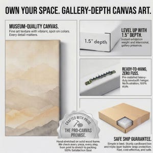 May include: A gallery-depth canvas art piece featuring a beige and grey watercolor mountain landscape. The product includes a 1.5-inch depth, a pre-installed sawtooth hanger, and is packaged in a cardboard box with bubble wrap protection.