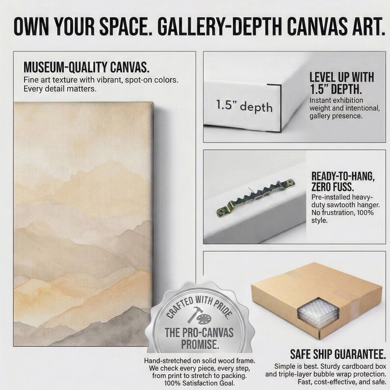 May include: A gallery-depth canvas art piece featuring a beige and grey watercolor mountain landscape. The product includes a 1.5-inch depth, a pre-installed sawtooth hanger, and is packaged in a cardboard box with bubble wrap protection.