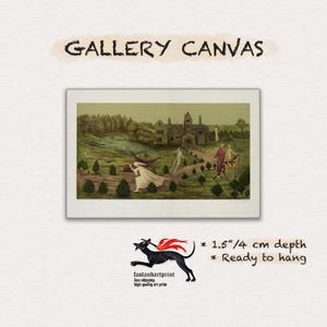May include: A rectangular gallery canvas print featuring a surreal landscape painting with a large house, a pond, and several figures in flowing garments. The text GALLERY CANVAS appears above, and the print has a 1.5 inch depth.