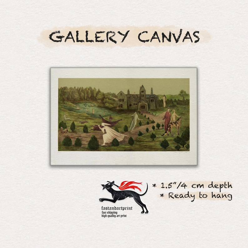 May include: A rectangular gallery canvas print featuring a surreal landscape painting with a large house, a pond, and several figures in flowing garments. The text GALLERY CANVAS appears above, and the print has a 1.5 inch depth.