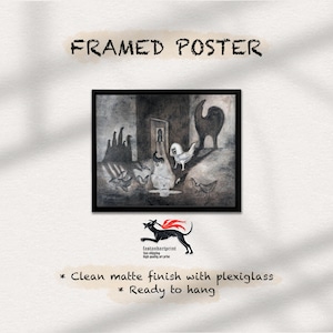 May include: Framed poster with a black frame. The artwork is a black and white illustration of abstract figures and animals. The text "FRAMED POSTER" is at the top. The poster has a clean matte finish with plexiglass and is ready to hang.