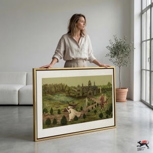 May include: A rectangular framed wall art piece featuring a landscape painting with a large stone building, a pond, and several figures in flowing white garments moving across a green field with small trees, all enclosed in a thin gold frame.