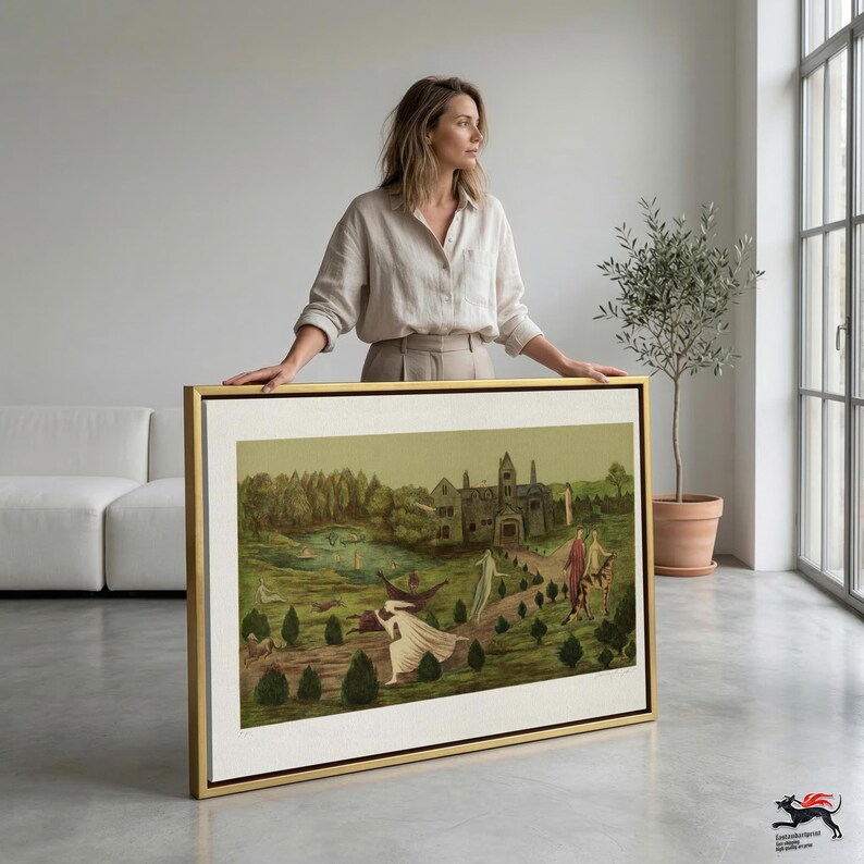 May include: A rectangular framed wall art piece featuring a landscape painting with a large stone building, a pond, and several figures in flowing white garments moving across a green field with small trees, all enclosed in a thin gold frame.