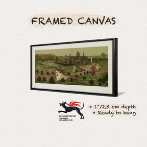 May include: A framed canvas print featuring a landscape painting with a large house, figures in white robes, and a tiger-like creature. The text reads FRAMED CANVAS, 1 inch depth, and Ready to hang. A black dog logo with red flames is also visible.
