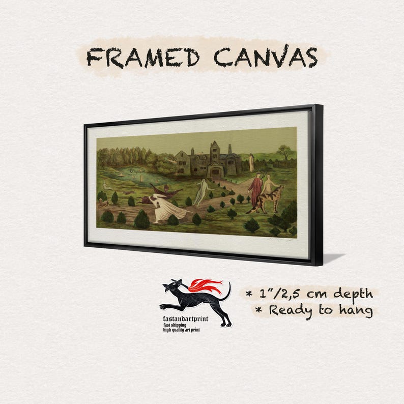 May include: A framed canvas print featuring a landscape painting with a large house, figures in white robes, and a tiger-like creature. The text reads FRAMED CANVAS, 1 inch depth, and Ready to hang. A black dog logo with red flames is also visible.