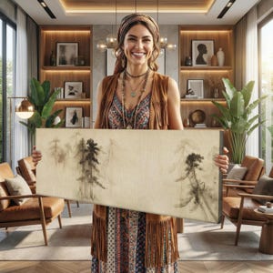 K&ouml;nnte beinhalten: Eine Frau h&auml;lt eine rechteckige Leinwand mit einer minimalistischen Tuschemalerei von B&auml;umen. Das Kunstwerk weist eine neutrale Farbpalette mit Schwarz- und Graut&ouml;nen auf. Die Frau tr&auml;gt eine braune Weste mit Fransen, ein gemustertes Kleid und Schmuck.