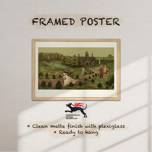May include: A framed poster featuring a landscape illustration with a large building, trees, and figures in flowing garments. The artwork is enclosed in a light wood frame with a white mat. Text reads: FRAMED POSTER, Clean matte finish with plexiglass, Ready to hang.