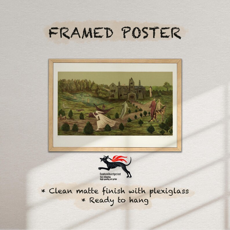May include: A framed poster featuring a landscape illustration with a large building, trees, and figures in flowing garments. The artwork is enclosed in a light wood frame with a white mat. Text reads: FRAMED POSTER, Clean matte finish with plexiglass, Ready to hang.