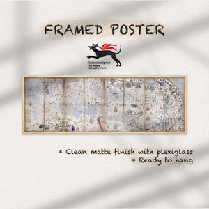 May include: A rectangular framed poster featuring a historical map divided into eight vertical panels. The print is encased in a light wood frame with a clean matte finish and plexiglass. Text includes FRAMED POSTER, fastandartprint, and Ready to hang.