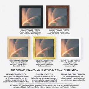May include: Five square framed posters featuring a cosmic image of a planet with rings. Frames are available in black, walnut, light wood, gold, and white. Text includes "THE COSMOS, FRAMED: YOUR ARTWORK'S FINAL DESTINATION" and technical specifications.