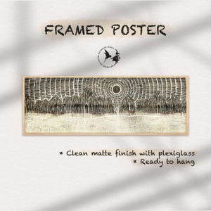Puede incluir: Póster enmarcado con una ilustración en blanco y negro de un paisaje de montaña con un sol en el cielo. El texto "FRAMED POSTER" está en la parte superior de la imagen. El texto "Clean matte finish with plexiglass" y "Ready to hang" está en la parte inferior de la imagen.