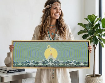 Mid-Century Modern Surrealist Oceanic Odyssey Canvas Art, Ethereal Dancer on Waves Panoramic Poster