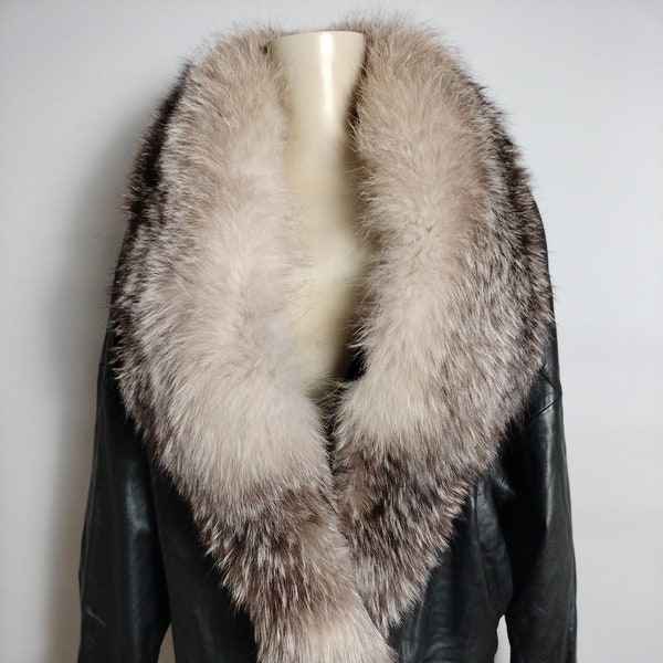 Vintage 90's Sheepskin Leather Jacket w Huge Genuine Fox Fur Collar Womens L