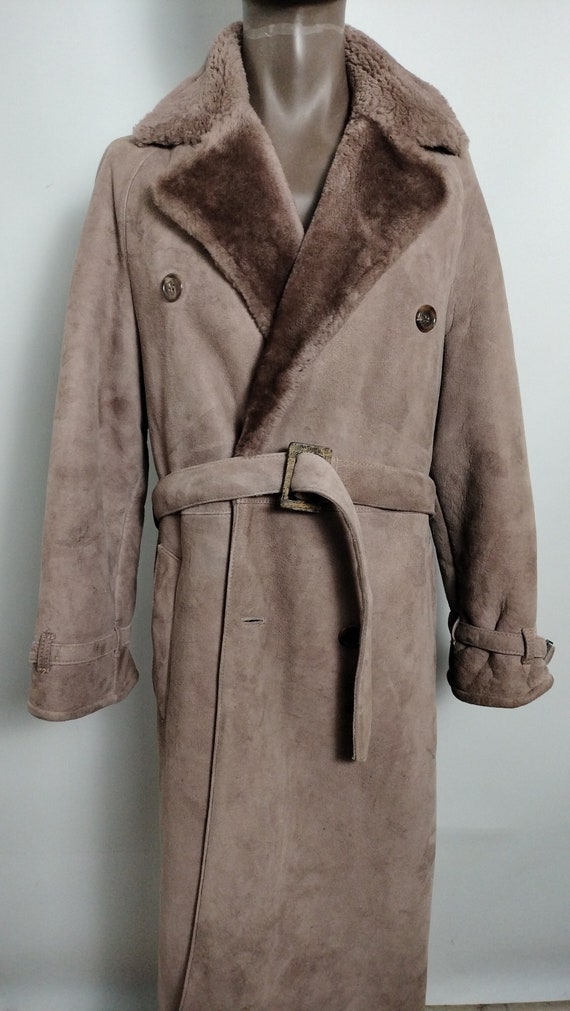 Vintage Genuine Shearling Leather Belted Coat Mens