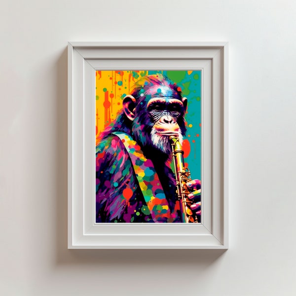 AI-Art "Chimpanzee with a Saxophone" Pop Art Style Unusual Musical Poster Original Paintings Wall Decor Art Gallery Quality Poster Print