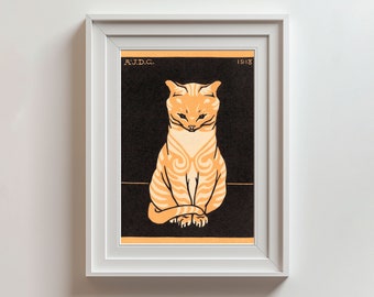 Orange Cat Vintage Hand Painted 1918. Cute Pet Funny Pictures Cat Lover Gift Kids Wall Decor Art Gallery Quality Poster Print