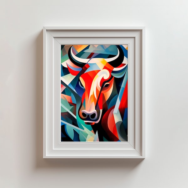 AI-Art "Bull Attack Bullied" Cubistic Style Poster Animal Design Interior Paintings Unusual Wall Decor Art Gallery Quality Poster Print