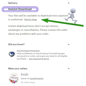 May include: A screenshot of an Etsy listing with the text "Instant Download" highlighted in blue. The text below explains that the digital files will be available to download once payment is confirmed. The text also states that instant download items do not accept returns, exchanges, or cancellations. The listing also includes information about Etsy Purchase Protection and the seller's shop.