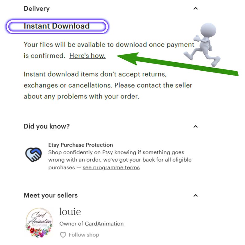 May include: A screenshot of an Etsy listing with the text "Instant Download" highlighted in blue. The text below explains that the digital files will be available to download once payment is confirmed. The text also states that instant download items do not accept returns, exchanges, or cancellations. The listing also includes information about Etsy Purchase Protection and the seller's shop.