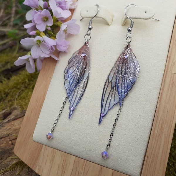 Boucles ailes de fée Marron et Lila, avec pendants cristaux Swarovski/elfique