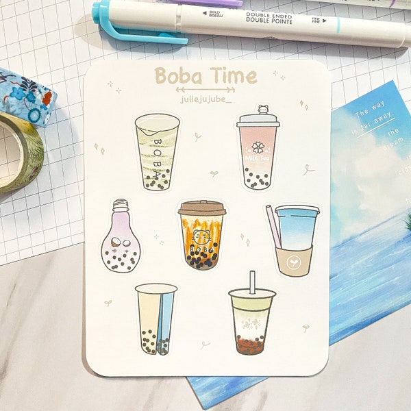 Boba Sticker Sheet | Boba Milk Tea Stickers | Boba Time | Kawaii Sticker Notebook, Planner, Journal, Switch Deco | Pastel Stickers