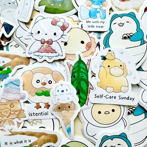 May include: A collection of colorful stickers featuring various cartoon characters and illustrations. The stickers include a cat, an owl, a duck, a penguin, a leaf, and a character holding ice cream. The text "Self-Care Sunday" and "Me with my little treat" are also included on the stickers.