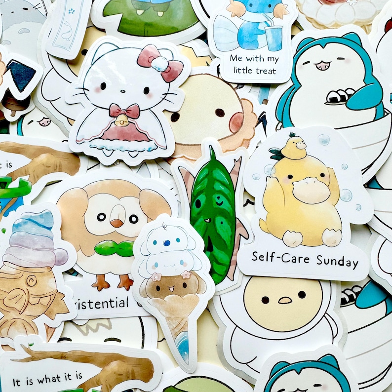 May include: A collection of colorful stickers featuring various cartoon characters and illustrations. The stickers include a cat, an owl, a duck, a penguin, a leaf, and a character holding ice cream. The text "Self-Care Sunday" and "Me with my little treat" are also included on the stickers.