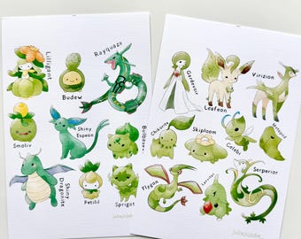 Cute Green Animals Art Prints | 5x7 Art Print | Cute Art Prints | Pastel Art | Hand Drawn Illustration | Comic, Gaming, Anime | Wall Decor