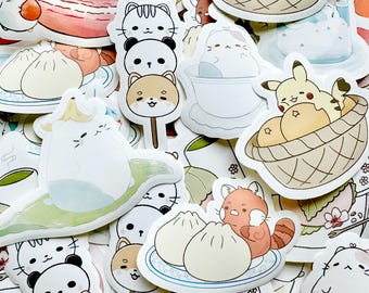 15 szt. Kawaii Animals and Food Sticker Pack | Kawaii Anime Sticker | Cute Cafe Sticker | Laptop, Planner, Journal, Water Bottle Stickers