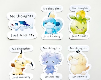 Adesivos "Sem Pensamentos, Apenas Ansiedade" | Adesivos de Personagens Fofos | Adesivo Kawaii para Laptop, Caderno, Agenda, Diário, Switch, Decalque para Garrafa de Água