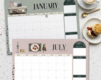 2027 Illustrated Desk Planner – Monthly Calendar with Notes (A3 Size)