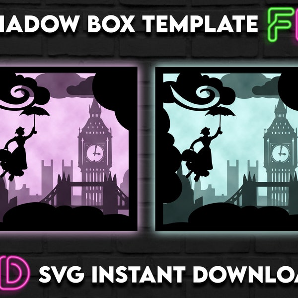 Mary Poppins Inspired Shadow Light Box Template SVG. Shadow Light Box Cricut Silhouette Cut File