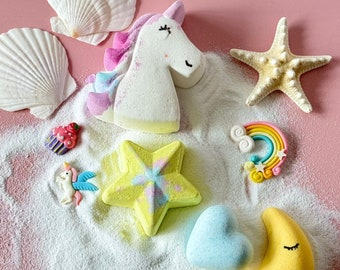 Set 4 Bombas de Baño Unicornio, Estrella de Colores, Amor Azul y Luna