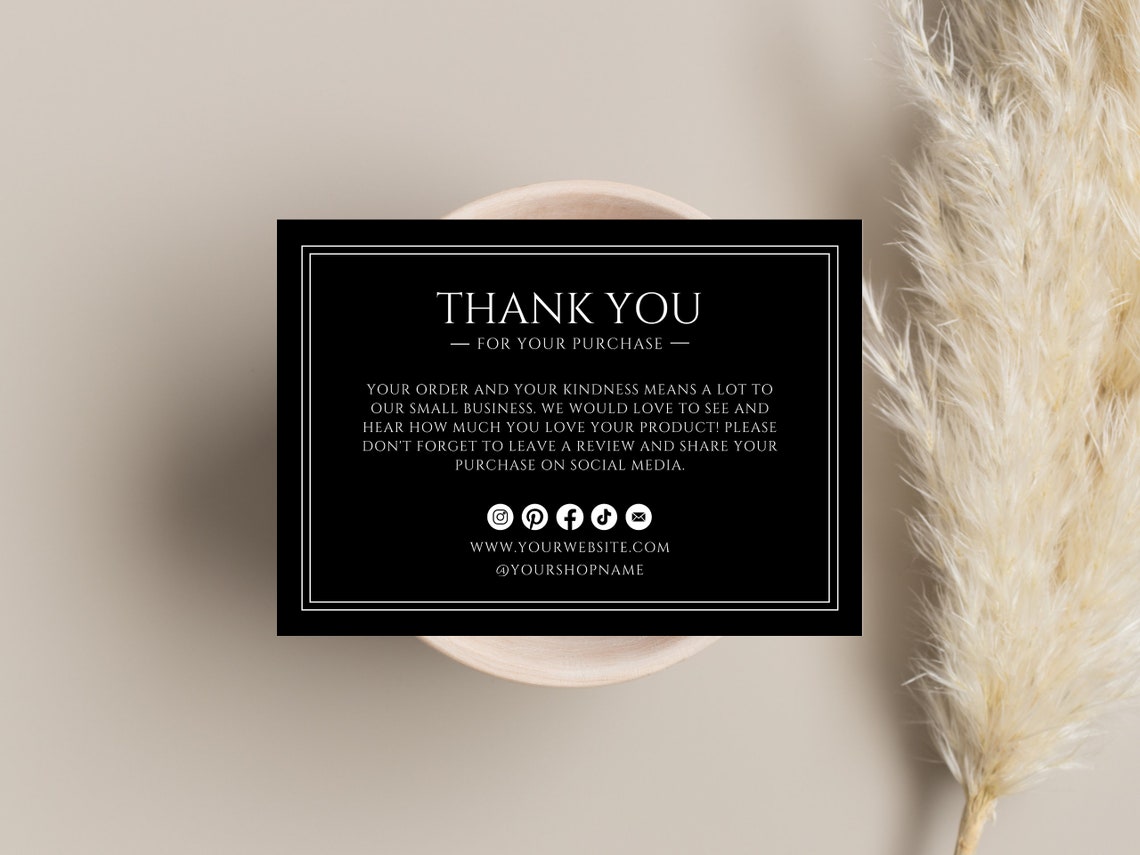 Editable Black Thank You Card Template, Modern Business Insert (digital ...