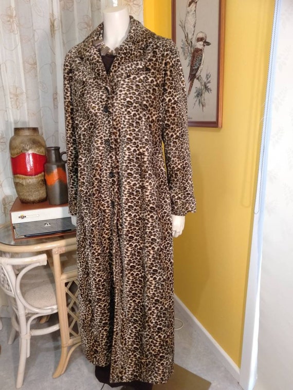 70s Designer Faux Fur Leopard Print Full Length Coat Etsy Canada