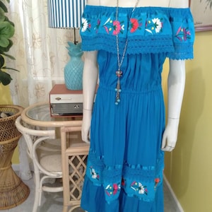 Hand Embroidered 70s Peasant Dress Made in Mexico