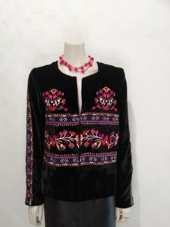 Late 70s Velvet Embroidered Boho Box Jacket - Gem