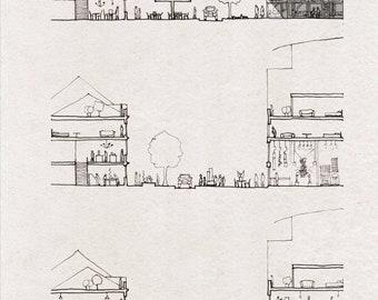 Secciones de la vida callejera - Arquitectura Edificio Boceto - lápiz sobre papel