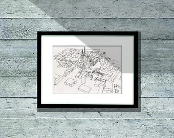 Centro de Coventry - Boceto arquitectónico de la ciudad - lápiz sobre papel