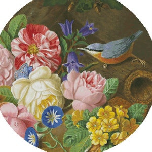 Canary Tales Wild Peonies Rose Flowers Bird - Grafiek geteld Cross Stitch Patroon Handwerk PDF