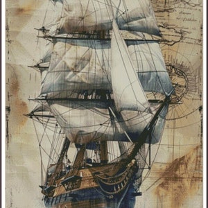 Majestic Sailing Vessel Segelboot Piraten Geisterschiff Sea Shanty Ship Wild Ocean Sea Storm Chart Kreuzstichmuster Handarbeiten PDF
