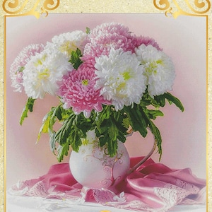 Chrysant oranje tinten klaprozen lelies wilde rozen pioenrozen rozenbloemen vogel - grafiek geteld kruissteekpatroon naaldwerk PDF