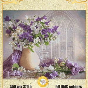 Tinten van paarse pioenrozen in een vaas Chrysant oranje klaprozen lelies roze bloemen vogel grafiek geteld kruissteekpatroon naaldwerk PDF