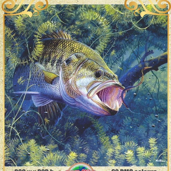 Bass Fishing Baited Fish COLORFUL FISHES - Chart Counted Cross Stitch Pattern Needlework PDF