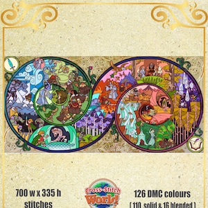 May include: Cross-stitch pattern of a colorful, detailed illustration of a fantasy world with a circular design. The pattern includes 700 stitches wide by 335 stitches high, 126 DMC colors (110 solid & 16 blended), and is available in three sizes: 1127 x 610 mm (14 count Aida), 1110 x 530 mm (16 count Aida), and 990 x 475 mm (18 count Aida).